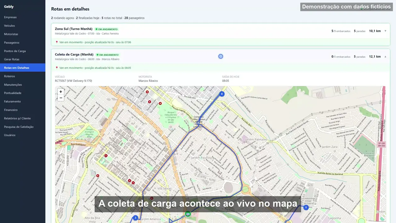 Painel do Gebly na tela de acompanhamento: a rota de coleta de carga desenhada no mapa e o caminhão em movimento.